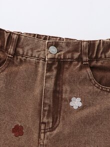 SHEIN Genkimix Kids Tween女孩牛仔褲 2025秋冬新款 女孩寬腿牛仔褲 新到貨 可愛愛心刺繡 寬鬆牛仔褲 復古做舊牛仔色 Y2K學院風街頭休閒可愛復古 刺繡圖案破洞 粉色愛心圖案刺繡 - 咖啡棕 - 查看 6