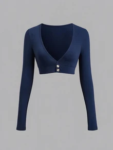 Sweetra Women's Autumn/Winter Pink Sweet Fitted Outerwear Shell Button Decor Commute V-Neck Long Sleeve Jacket - Navy Blue - View 1