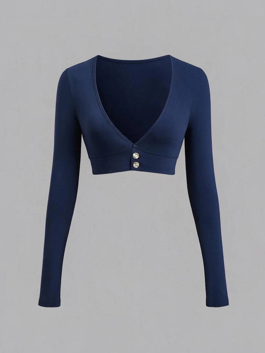 Sweetra Women's Autumn/Winter Pink Sweet Fitted Outerwear Shell Button Decor Commute V-Neck Long Sleeve Jacket - Navy Blue - View 1