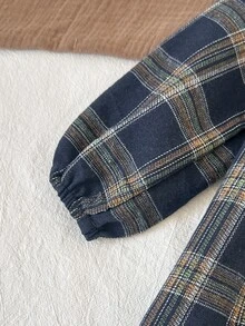 女童少女秋冬刺繡翻領蕾絲領梭織格紋拼接娃娃洋裝 寬鬆長袖復古學院風休閒棕色 - 藏蓝色 - 查看 6