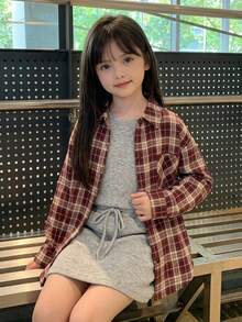 DAZY Tween Girl) Casual Long Sleeve Plaid Shirt With Collar, Basic Autumn Outerwear - Burgundy - View 6
