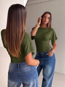 Aloruh Damen Herbst Neu Aprikose Elegant Sexy Süß Mode Lässig Täglich Pendeln Date Abendessen Fledermausärmel Tailliert Slim Fit Bodysuit - Armeegrün - Übersicht 6