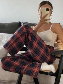 DAZY 格紋直筒長款睡褲女款居家休閒睡衣下身 - 紅色 - 查看 3