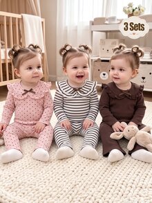 Infant Toddler Ribbed Ruffle Peter Pan Collar Long Sleeve T-Shirt And Flare Pants 2 Pieces Set, Polka Dot Print, Ribbed Print, Brown Solid Color Ribbed, Soft Fabric, Bowknot Accent Comfortable Casual Outfit, Suitable For Spring, Autumn And Winter - Multicolor - View 6