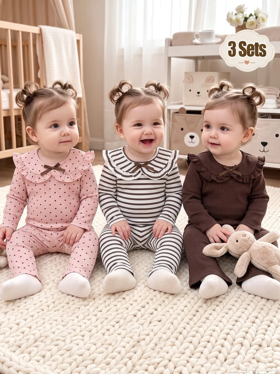 Infant Toddler Ribbed Ruffle Peter Pan Collar Long Sleeve T-Shirt And Flare Pants 2 Pieces Set, Polka Dot Print, Ribbed Print, Brown Solid Color Ribbed, Soft Fabric, Bowknot Accent Comfortable Casual Outfit, Suitable For Spring, Autumn And Winter - Multicolor - View 1
