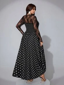 Viva Relle Plus-Size Sexy Lace Polka Dot Bow Dress Fall - Black - View 2