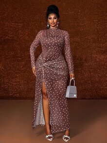 Maweii Plus Size Women's Brown Polka Dot Mesh Long Sleeve Waist Twist High Slit Sheer Maxi Bodycon Dress - Brown - View 1