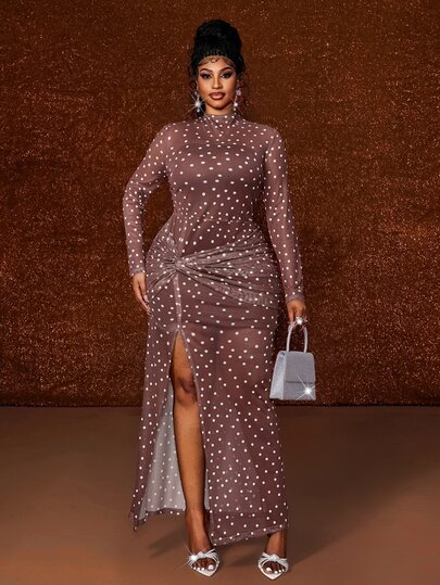 Maweii Plus Size Women's Brown Polka Dot Mesh Long Sleeve Waist Twist High Slit Sheer Maxi Bodycon Dress