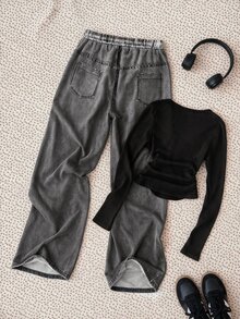 SHEIN 青少年女孩抓皺長袖T恤與長褲休閒日常套裝 - 彩色 - 查看 2
