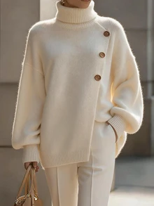 SHEIN Women's High Neck Asymmetrical Button Slit Knit Sweater, Loose Drop Shoulder Long Sleeve Pullover, Elegant Commuter Style, Versatile Knit Top For Autumn/Winter - Apricot - View 1