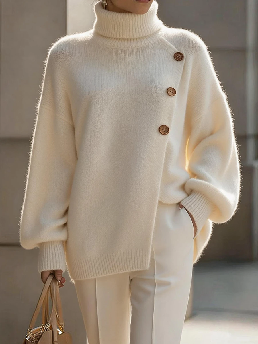 SHEIN Women's High Neck Asymmetrical Button Slit Knit Sweater, Loose Drop Shoulder Long Sleeve Pullover, Elegant Commuter Style, Versatile Knit Top For Autumn/Winter - Apricot - View 1