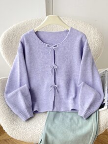 SHEIN 少女米色開襟衫，秋季休閒度假返校簡約舒適圓領長袖蝴蝶結少女冬季毛衣，波點 - 藍色 - 查看 1