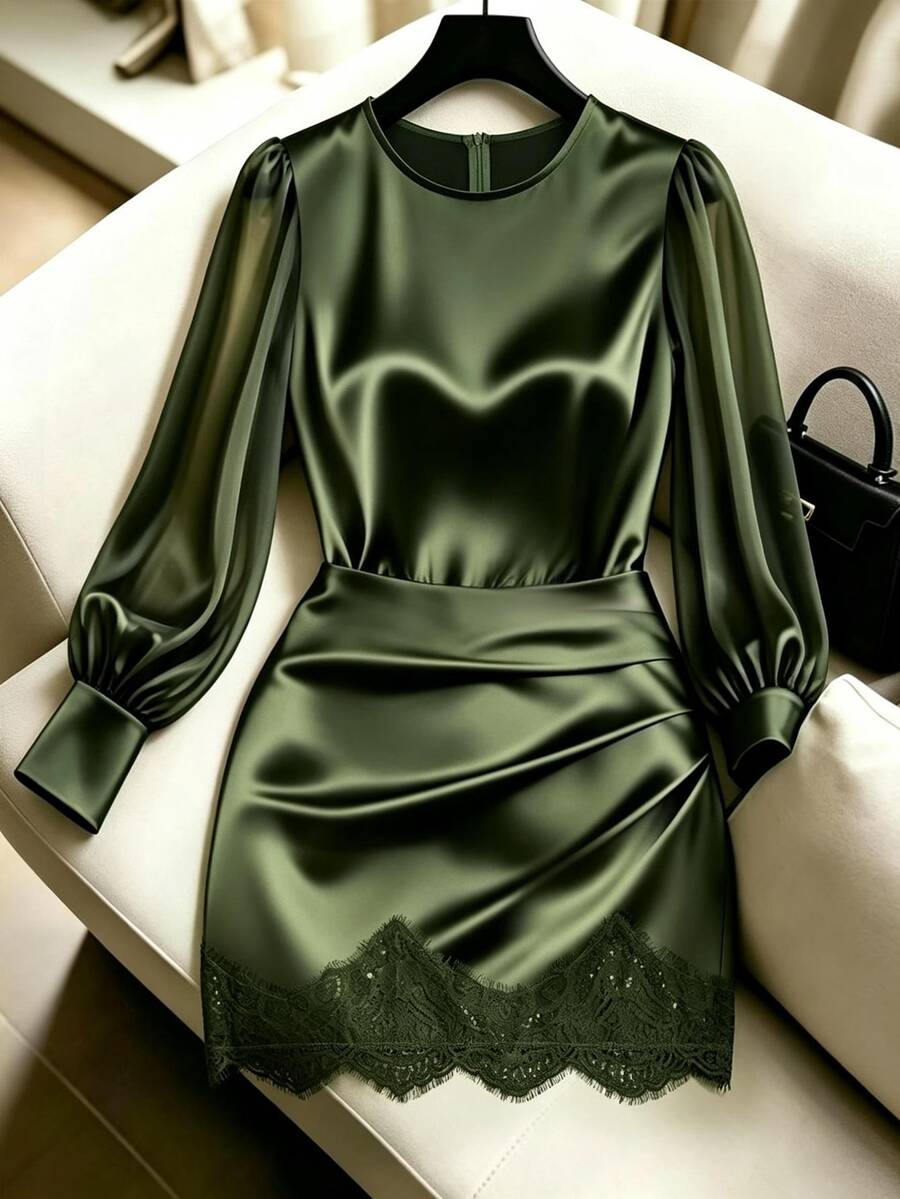 Franclia Plus Size Lace Long Sleeve Dress - Green - View 1