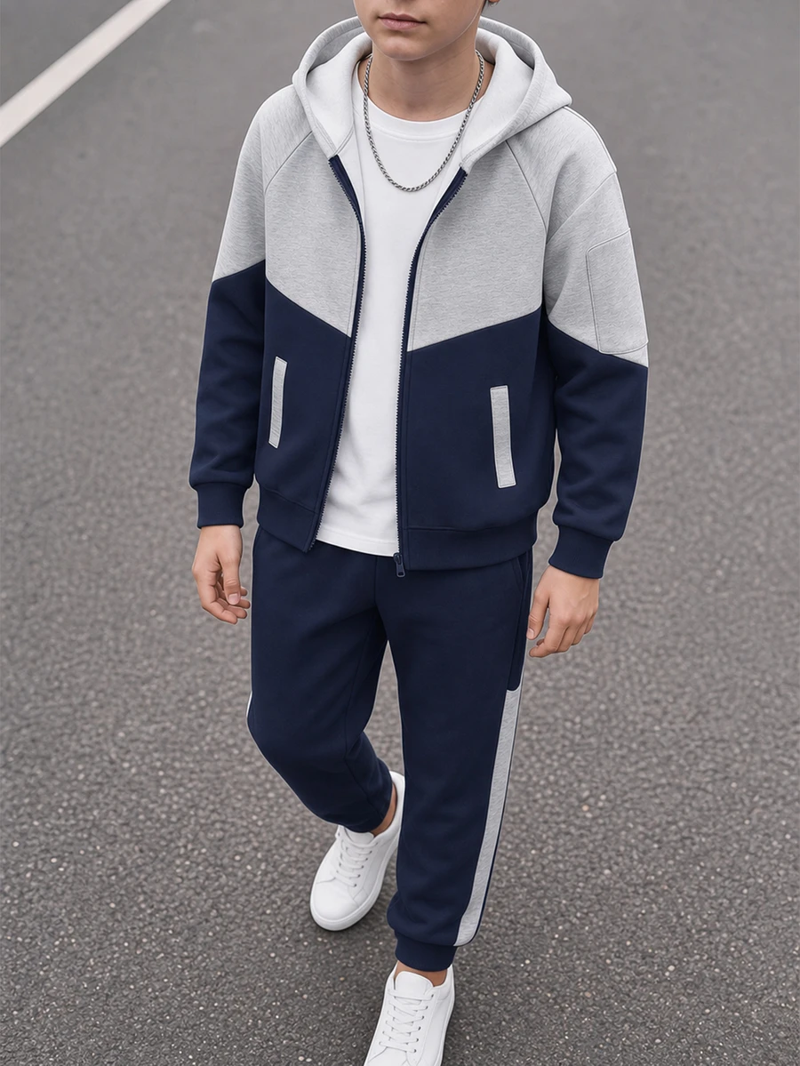 SHEIN 2件組兒童青少年男孩休閒運動日常百搭舒適拼色落肩袖連帽寬鬆套頭衛衣長袖運動外套收口寬鬆運動長褲針織運動套裝,適合日常穿著、上學、旅行、運動,秋冬款 - 藏蓝色 - 查看 1