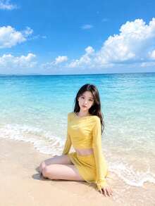 Livesso Set Bikini Halter Warna Polos Wanita dengan Penutup Lengan Panjang dan Rok, Perlindungan Matahari Musim Panas - Kuning - View 7