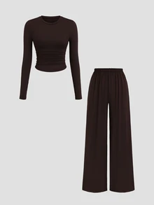 Sweetra New Casual Commute Minimalist Small Round Neck Waist-Flattering V-Hem Top And Wide Leg Pants Coffee Brown 2 Pieces Set - Coffee Brown - View 6