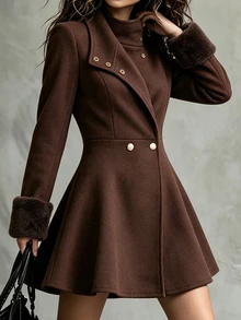 Yalmera Women's Autumn/Winter Patchwork Fur Cuff Stand Collar Elegant Overcoat - Brown - View 11