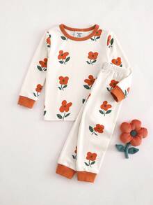 SHEIN Baby Girl Snug Fit Round Neck Long Sleeve Top And Long Pants Loungewear Set(1 Random Sets) - Orange - View 2