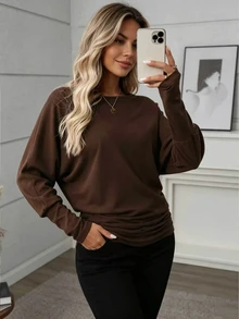 Elenzga 1pc Women's Plus Size Solid Color Round Neck Long Sleeve Casual Shirt, Suitable For Daily Indoor And Outdoor Wear In Autumn - Multicolor - View 3
