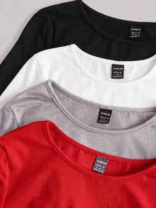 SHEIN EZwear 多色針織女款修身T恤 - 紅色 - 查看 6