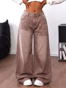 SHEIN ICON 女款休閒日常牛仔褲，附口袋、鈕扣與十字圖案 - 棕色 - 查看 3
