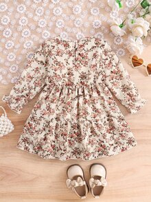 SHEIN Baby Girl Ditsy Floral Round Neck Ruffle Cuff Cute Dress - Pink - View 8