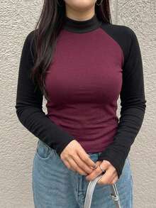 Dazy Plus Contrast Color Patchwork Fitted Street Casual Short Long Sleeve Spring Autumn T-Shirt - Burgundy - View 5