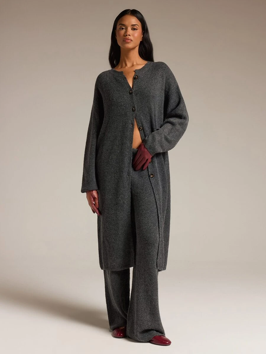 COSMINA Bộ 2 món áo cardigan len dệt kim một hàng khuy và quần len dệt kim phong cách thường ngày cho nữ - Màu xám đen - Xem 1