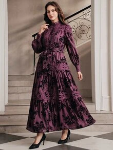 Anewsta Autumn/Winter Fashion New Satin Layered Flocked Floral Patchwork Multi-Layer Ruffle Small Stand Collar Long Sleeve Dress - Purple - View 5