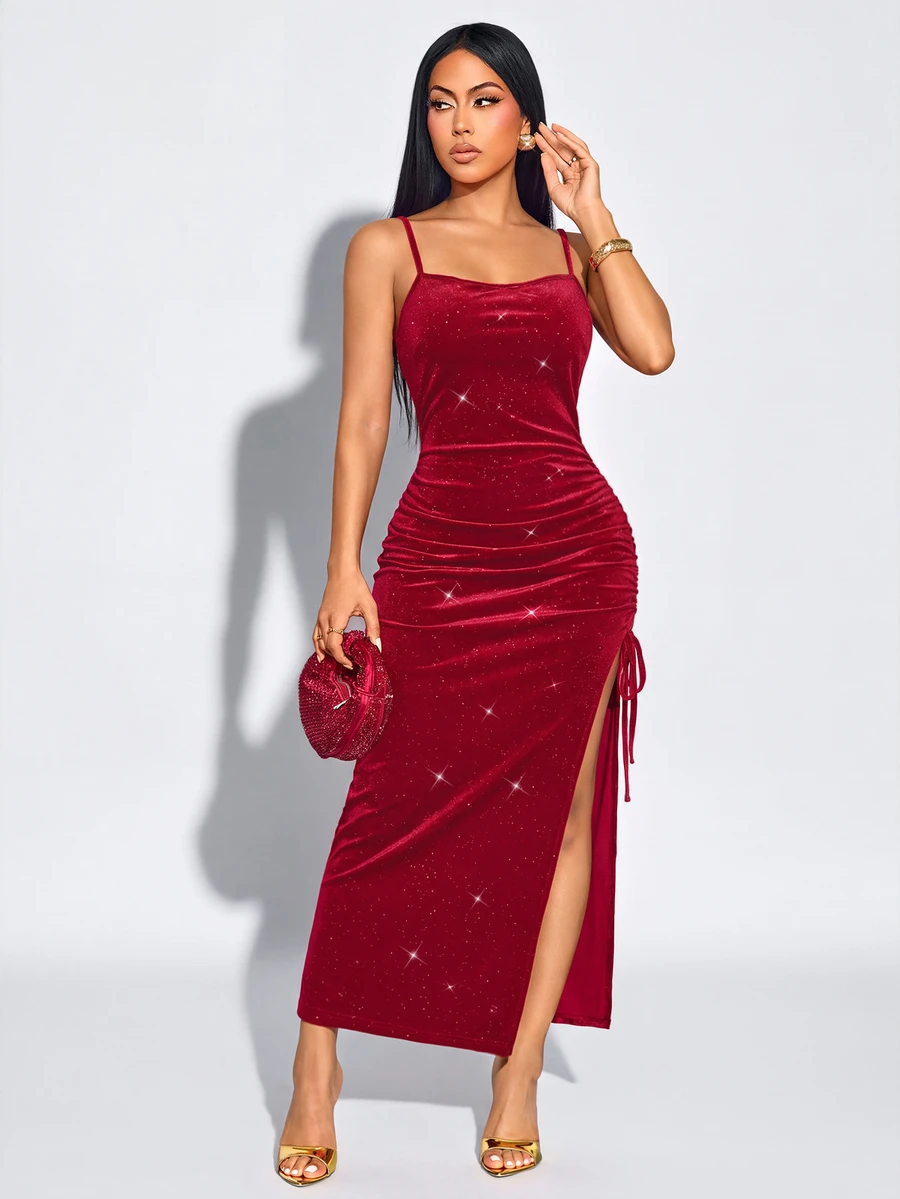 SOLERSUN Glitter Cami Midi Dress Velvet Spaghetti Strap Side Ruched Drawstring High Slit Red Dress For Women - Red - View 1