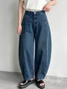 DAZY 女款純色寬鬆弧形腿休閒街頭夏季牛仔短褲 牛仔吊帶褲與連身褲 - 藍色 - 查看 8