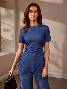 Selenza Women's Solid Color Pleated Casual Daily Denim Top - Blue - View 1