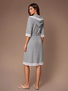 Lazeform Women's Gray Casual Loose Hooded Waffle Knit Lace Trim Short Robe - رمادي - مشاهدة 6