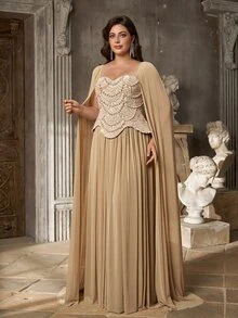 Aureia Plus Size Elegant Glamorous Champagne Beaded Patchwork Mesh Computer Embroidery 2 In 1 Cinched Waist A-Line Heavy Embellished Evening Gown For Important Occasions - Champagne - View 6