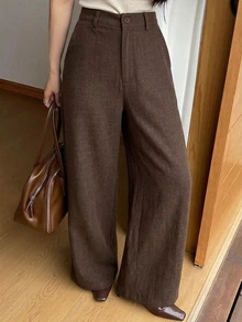 DAZY 秋冬高腰咖啡色極簡直筒寬鬆垂墜休閒通勤百搭日常女款長褲 - 咖啡棕 - 查看 4