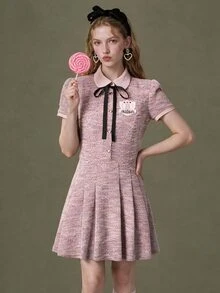 Elnivra Women's Sweet Embroidered Button Pleated Short Sleeve Dress - Pink - View 5