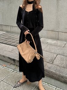 FRIFUL Women's Autumn Solid Color Velvet Fabric Camisole Dress & Cardigan 2 Pieces Set - Black - View 5