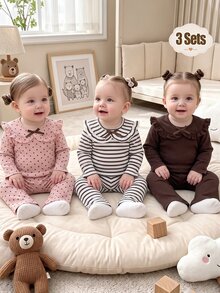 Infant Toddler Ribbed Ruffle Peter Pan Collar Long Sleeve T-Shirt And Flare Pants 2 Pieces Set, Polka Dot Print, Ribbed Print, Brown Solid Color Ribbed, Soft Fabric, Bowknot Accent Comfortable Casual Outfit, Suitable For Spring, Autumn And Winter - Multicolor - View 7