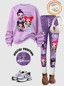 Tween Girls Light Purple Cartoon Print Crew Neck Sweatshirt & Leggings 2 Pieces Set, Thermal Lined Thick Loose Fit, Winter School Wear - Purple - View 5