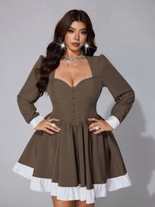 Viva Relle Plus Size Women Sweetheart Neck Long Sleeve Button Design Elegant Colorblock Dress - Mocha Brown - View 4