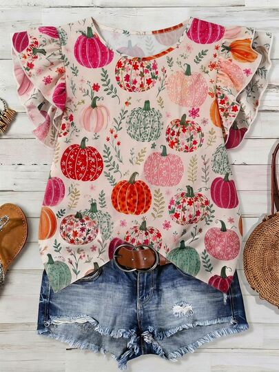 Mellowie Thanksgiving/Halloween Plus Size Women's Top - Pastoral Style Colorful Pumpkin & Floral Print Casual Loose V-Neck Double Layer Ruffle Flutter Sleeve Blouse (Autumn/Winter New)