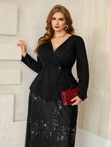Roveilla Setelan Wanita Ukuran Besar: Blazer Tanpa Kerah + Rok Berpayet - Hitam - View 5