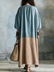 Wandoria Vintage Distressed Washed Denim & Linen Patchwork Loose Fit Dress, Round Neck With Gathered Detail, Lantern 3/4 Sleeves, Dual Side Pockets, Asymmetrical Hem, Casual Vacation Style - Multicolor - View 2
