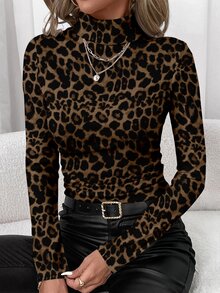 SHEIN Clasi Autumn/Winter New Casual Minimalist High Neck Long Sleeve Sexy Leopard Print Pattern Knit Women's Base Layer T-Shirt, Versatile Style Fall - Brown - View 2