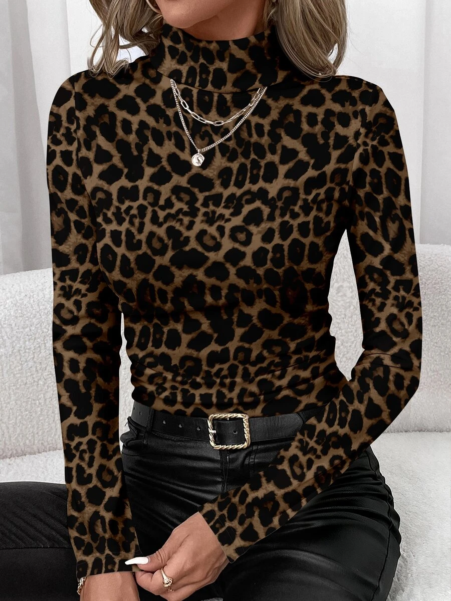 SHEIN Clasi Autumn/Winter New Casual Minimalist High Neck Long Sleeve Sexy Leopard Print Pattern Knit Women's Base Layer T-Shirt, Versatile Style Fall