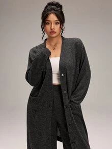 EMERY ROSE Plus Size Women Solid Color Long Sleeve Single-Breasted Jacket And Pants Casual 2 Pieces Set Fall - Dark Grey - View 3
