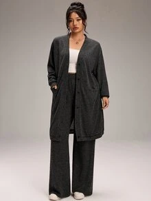 EMERY ROSE Plus Size Women Solid Color Long Sleeve Single-Breasted Jacket And Pants Casual 2 Pieces Set Fall - Dark Grey - View 5