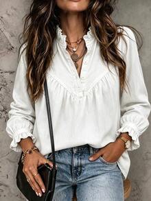 SHEIN Women's Fashion Blue Denim Effect Ruffle Collar Gathered Sleeve Loose Fit Versatile Shirt, Suitable For Daily Wear, Commuting, Casual Dating - White - View 6