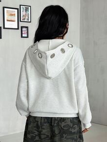 Coolane 女款秋冬街頭風 Y2K 時尚龐克派對外出休閒必備 銀色金屬孔眼灰色連帽衛衣保暖上衣 秋冬女裝 - 淺灰色 - 查看 5