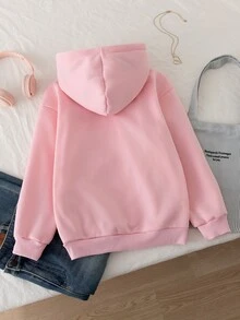 SHEIN (Tween Girl) 休閒街頭風豹紋毛絨帽，五角星豹紋印花，適合街頭穿搭，黑女孩運動衫 - 粉色 - 查看 2